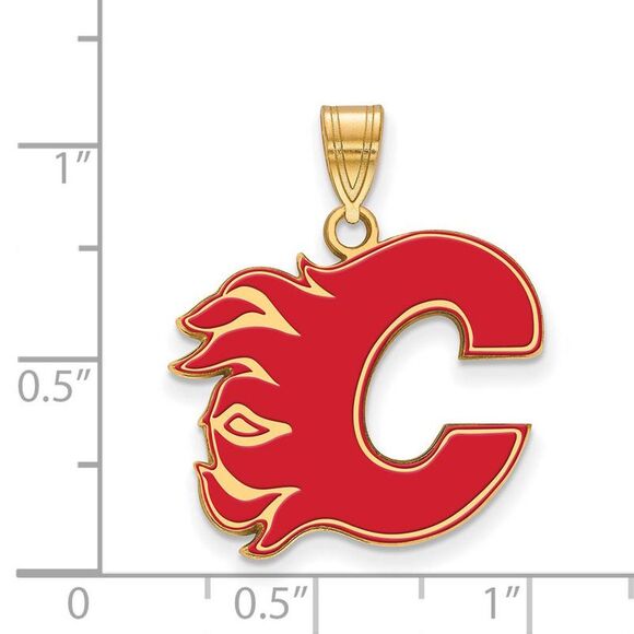 SS 14k Yellow Gold Plated NHL Calgary Flames LG Enamel Pendant - Picture 2 of 4